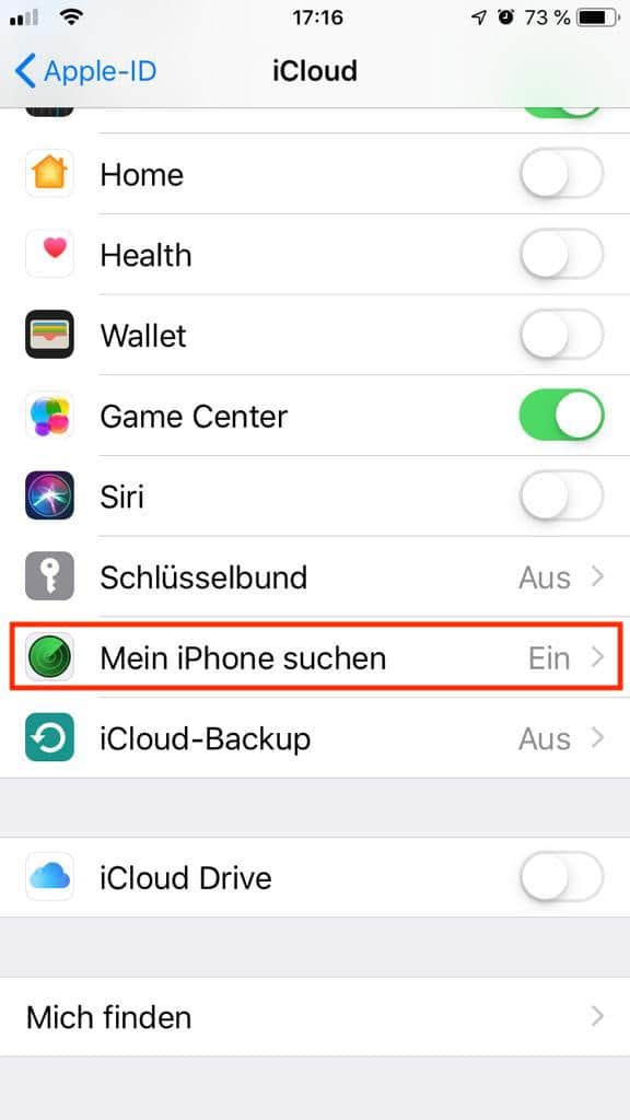 “iCloud” Einstellungsbereich – Find my iPhone